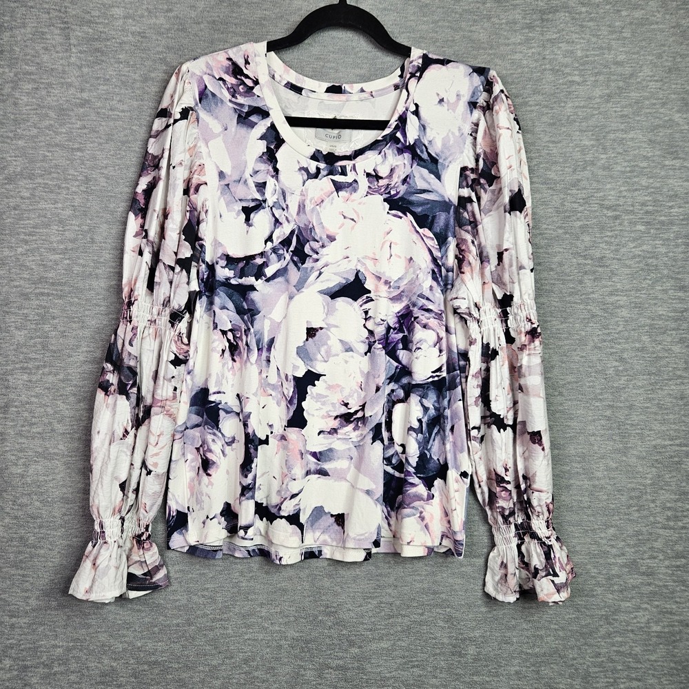 Cupio Women Top Size L Floral Print Long Sleeve Smocked Boho Stretch NEW